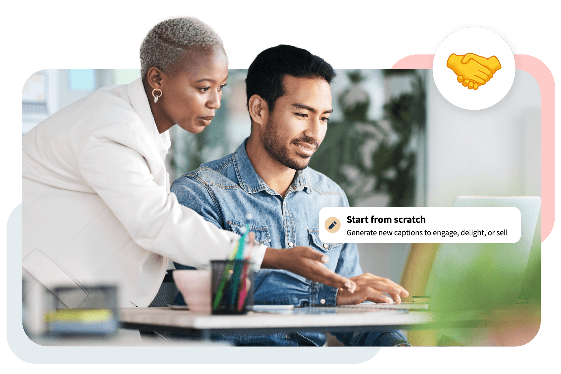 Two professionals collaborating at a desk, looking at a laptop screen, with a handshake icon and "Start from scratch" text overlay