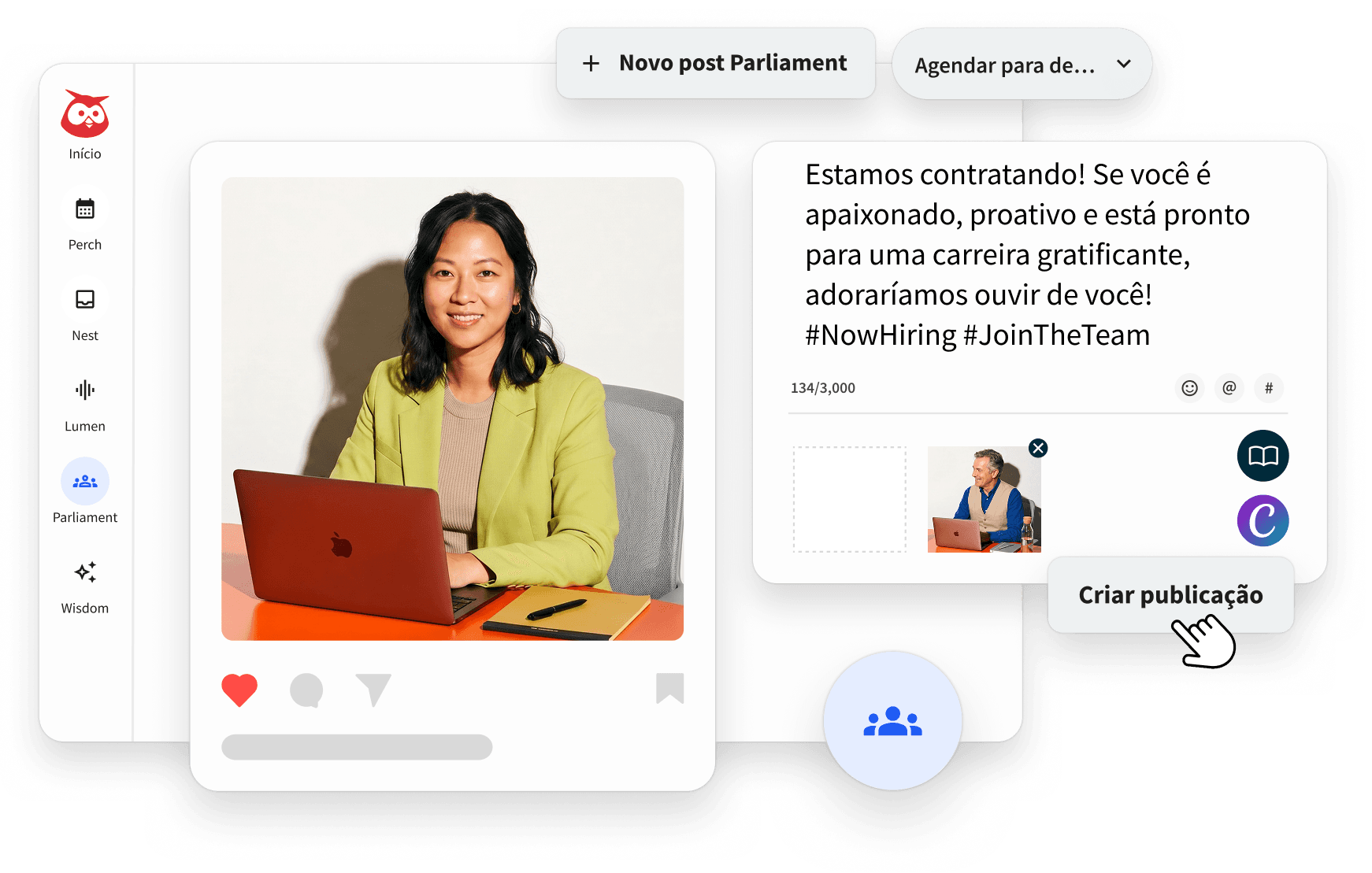 Postagem nas mídias sociais que duz "estamos contratando" com o botão de compartilhamento