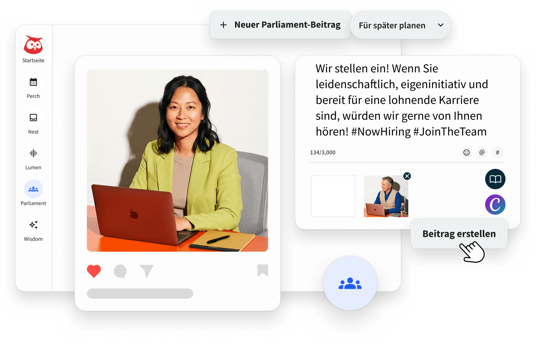 Social Media-Beitrag mit Share-Button und Text „Wir stellen ein“