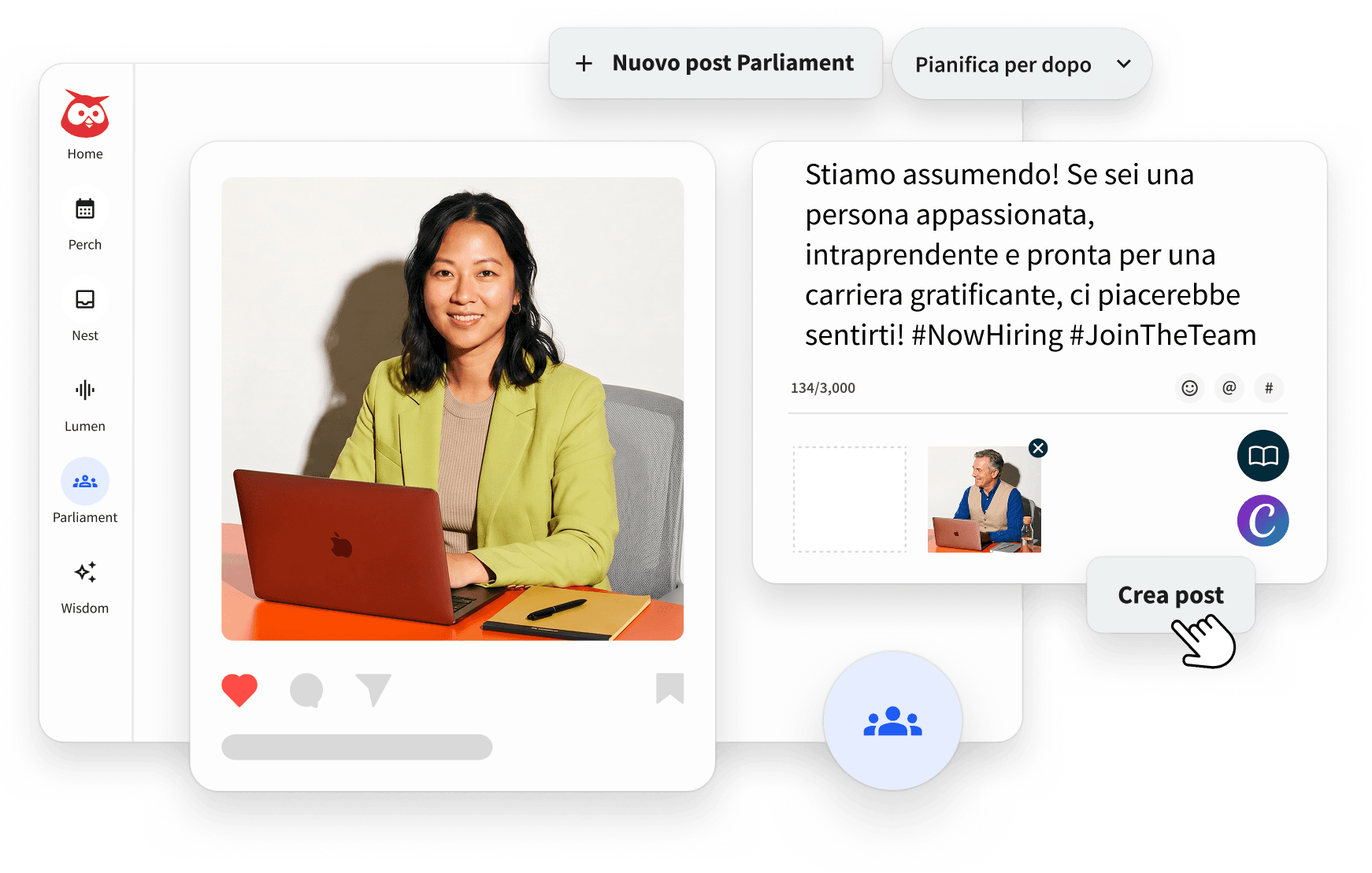 Post sui social media con la scritta "stiamo assumendo" con pulsante di condivisione