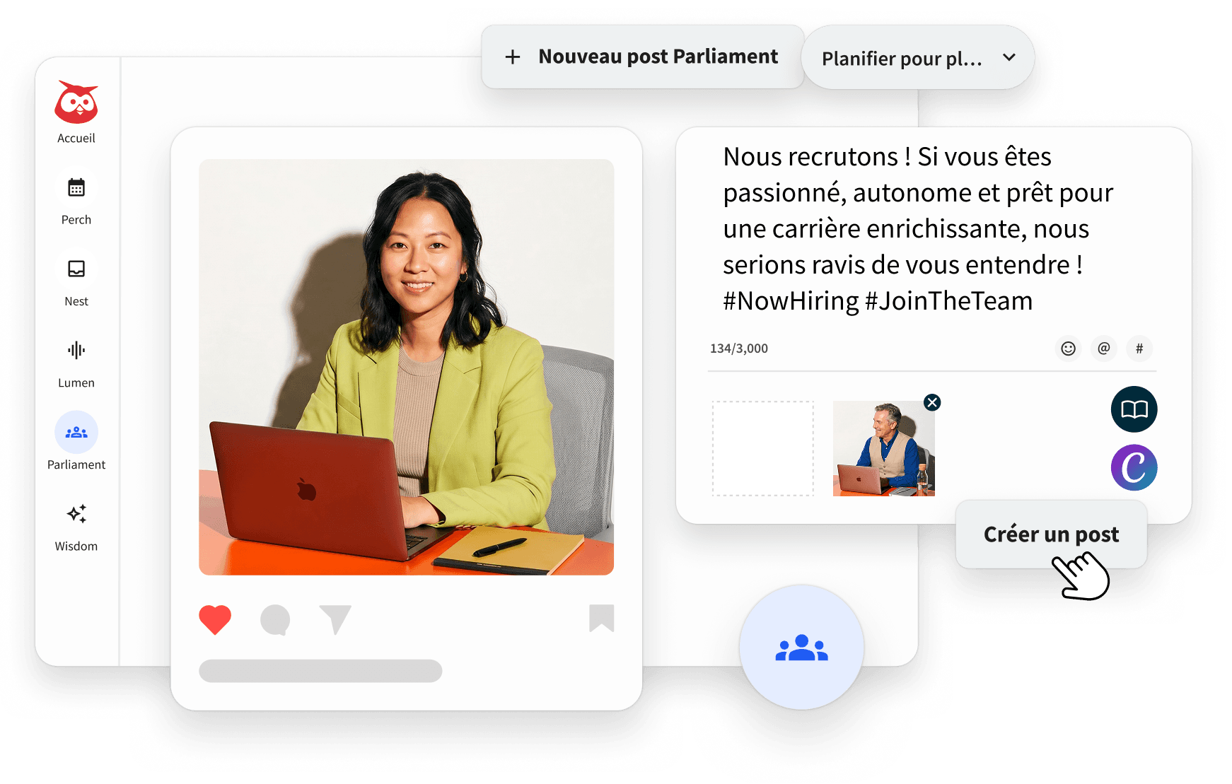 Publication sur les médias sociaux indiquant « nous recrutons » avec un bouton de partage