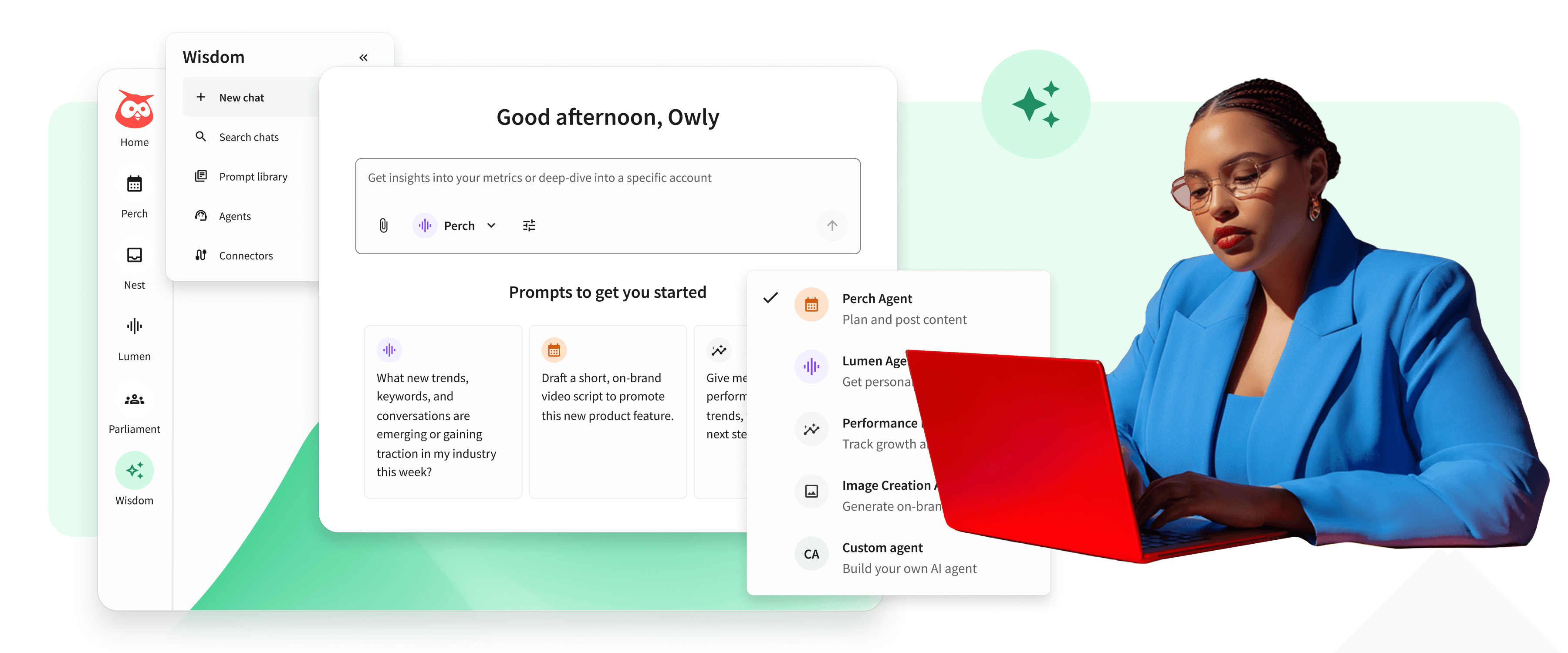 Frau in blauem Blazer an einem roten Laptop neben einer KI-Chat-Oberfläche, die das Wisdom-Tool von Hootsuite mit Prompt-Vorschlägen zeigt.