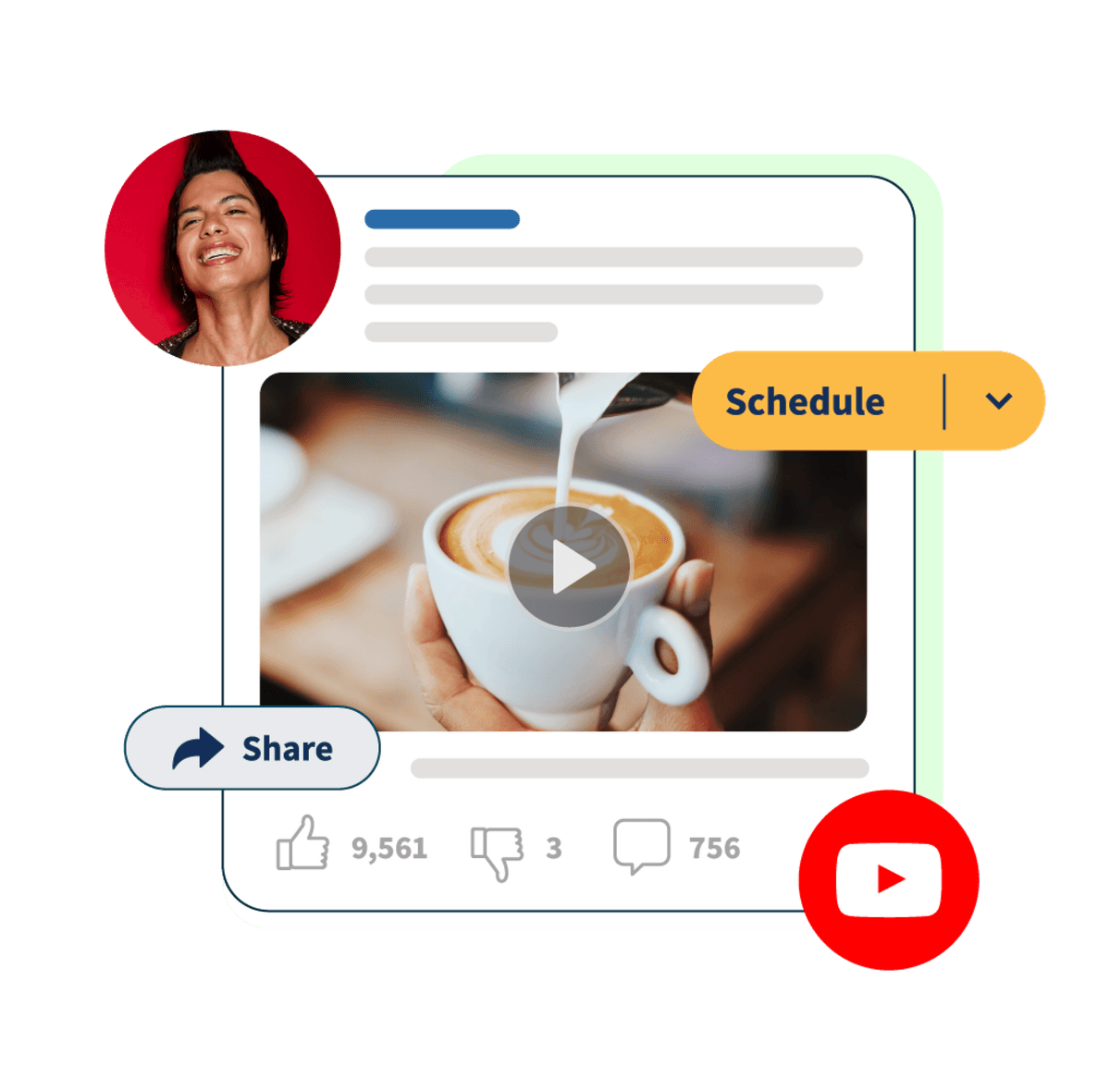 Publicación en YouTube de café servido con ventanas emergentes de «programar" y «compartir»