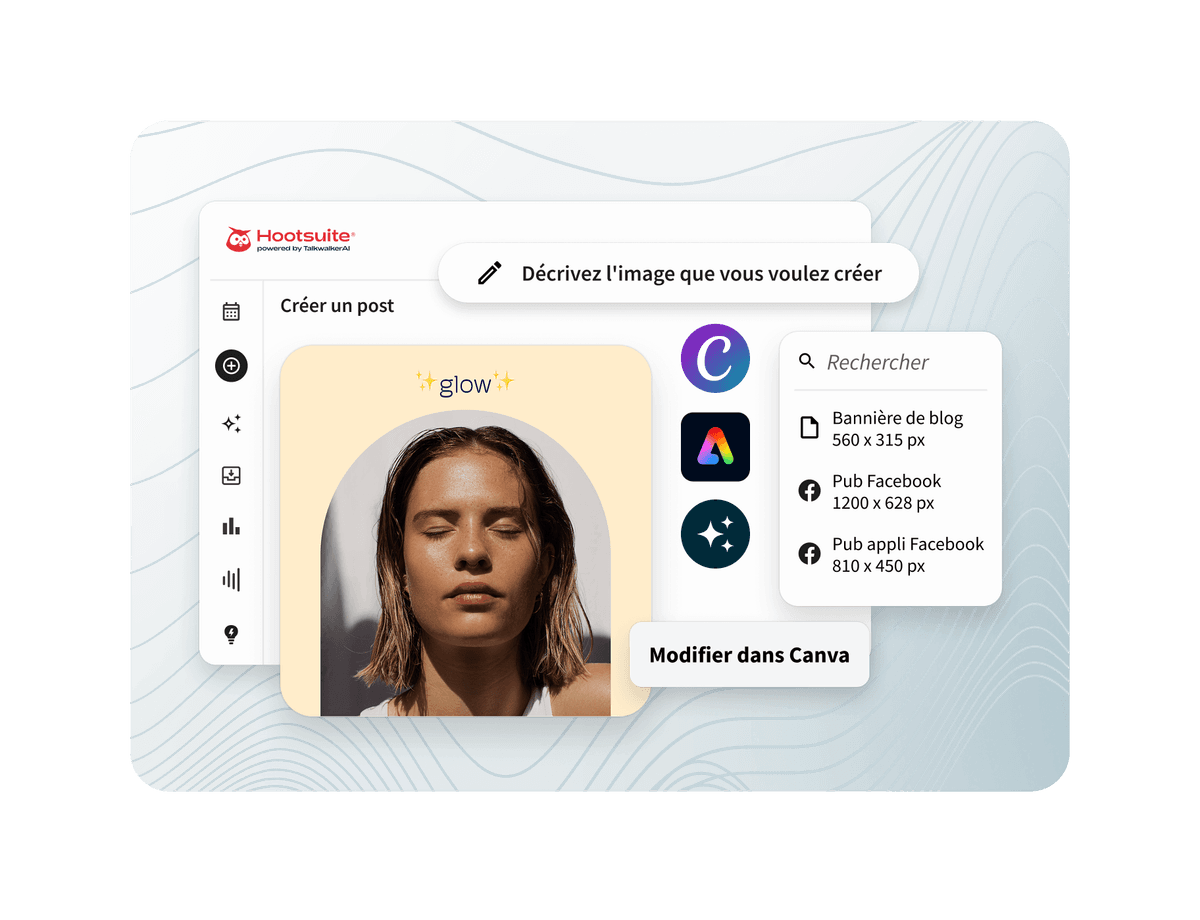 Hootsuite dashboard showing a post creation interface with a woman's photo, Canva editing option, and social media ad templates.