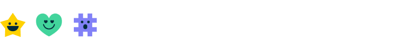Gelber Cartoon-Stern mit Smiley-Gesicht, grünes Herz mit Herzaugen und lila Hashtag mit überraschtem Gesichtsausdruck