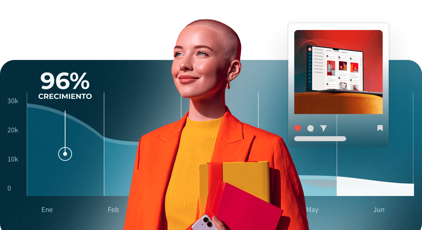 Woman in orange blazer holding folders, surrounded by a growth chart showing 96% growth and a laptop screen displaying a website.