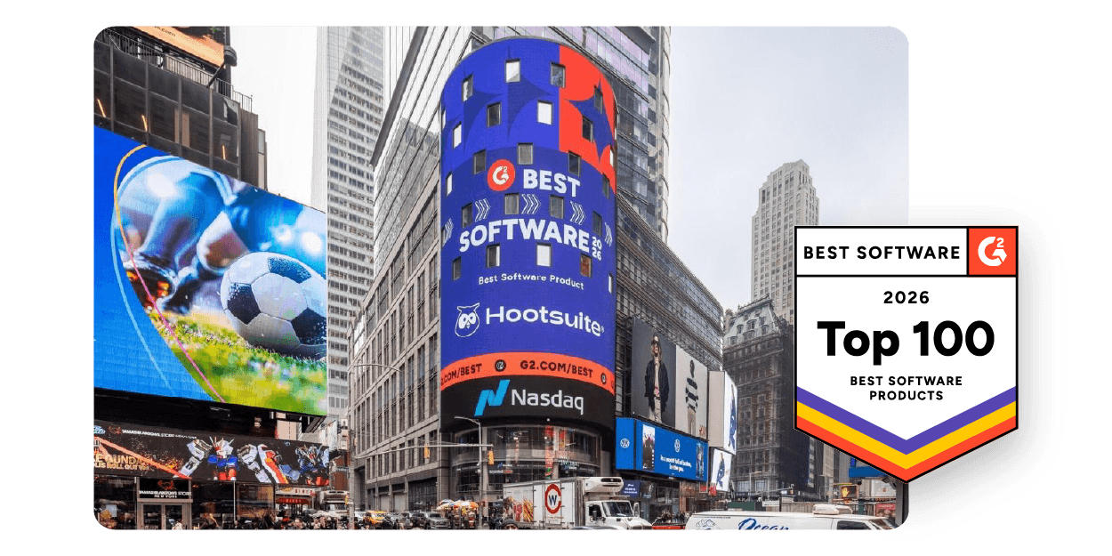 Large digital billboard in Times Square displaying Hootsuite software advertisement with soccer imagery and Top 100 Best Software badge
