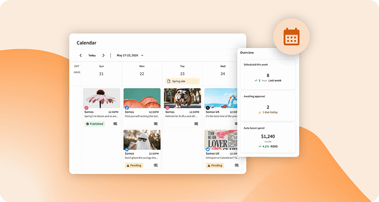 A social media scheduling calendar interface showing weekly posts with images, statuses, and an overview panel with metrics.