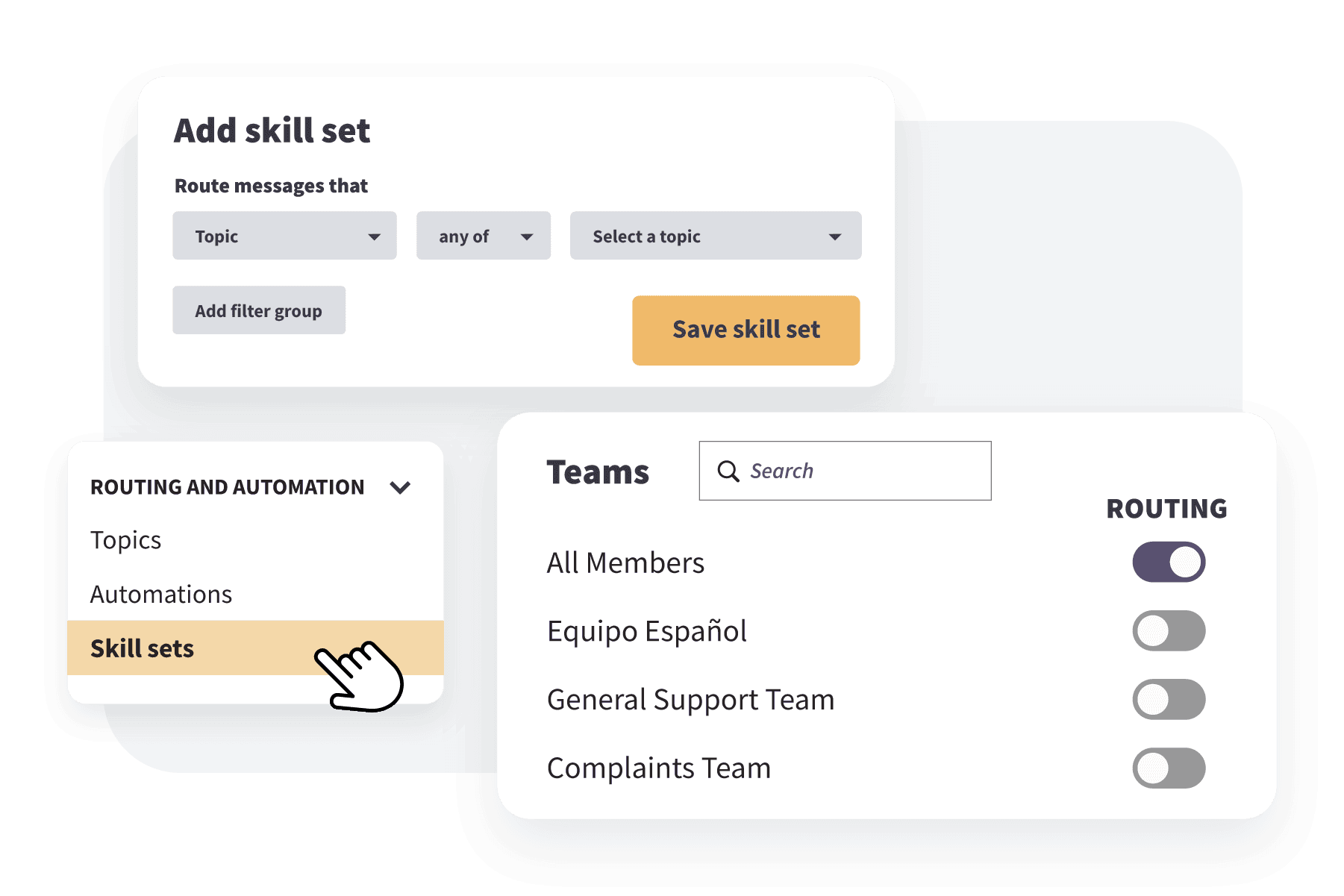 Caixa de entrada do Hootsuite com configurações de conjunto de habilidades e roteamento