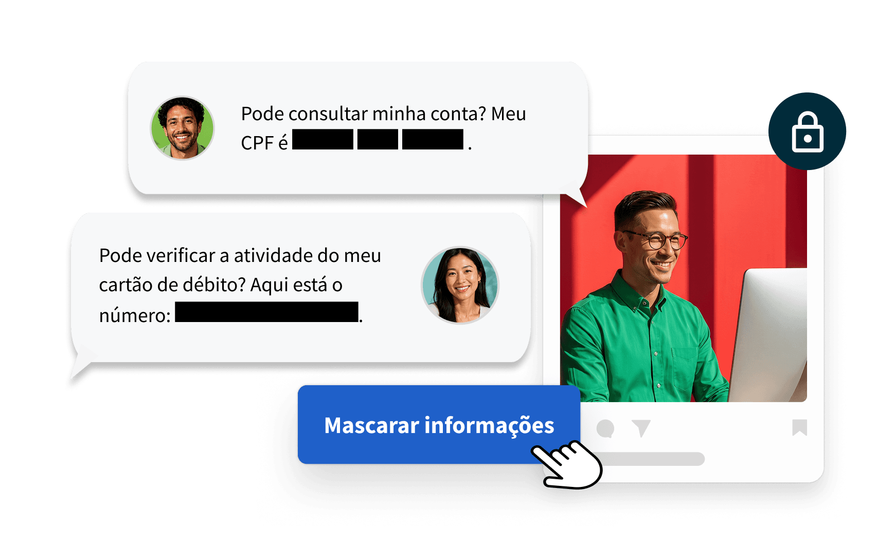 Caixa de entrada do Hootsuite com tratamento de PII, mascaramento automático de mensagens e ícone de cadeado
