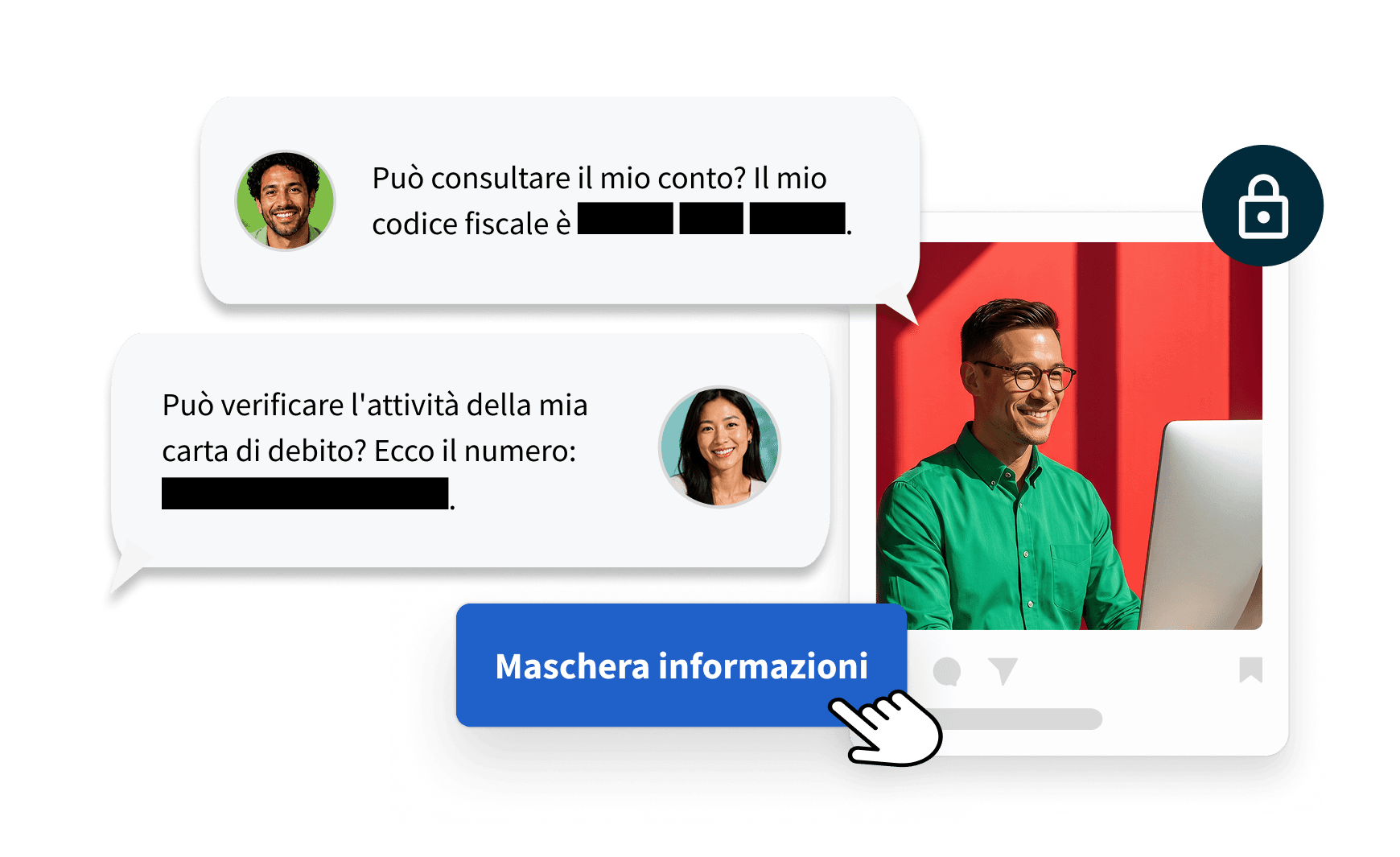 Posta in arrivo di Hootsuite con gestione delle informazioni personali, mascheramento automatico della messaggistica e icona di lucchetto