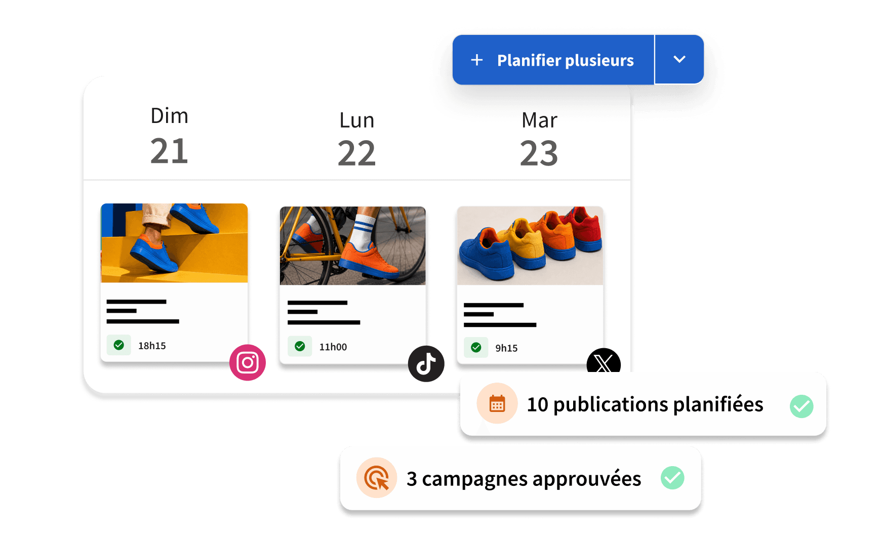 Social media scheduling dashboard showing sneaker posts planned for Sun-Tue, with 10 posts scheduled and 3 campaigns approved.