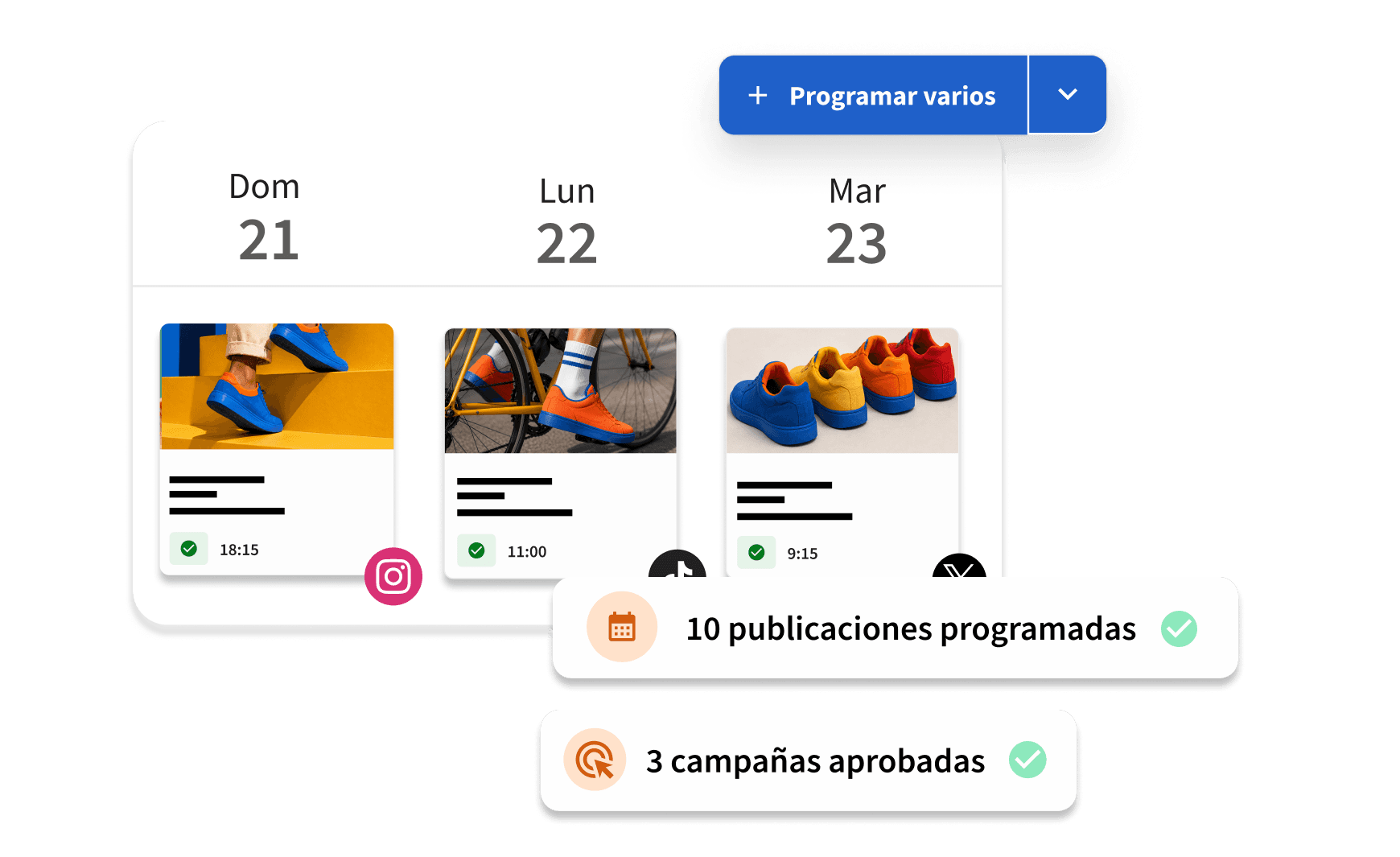 Social media scheduling dashboard showing sneaker posts planned for Sun-Tue, with 10 posts scheduled and 3 campaigns approved.