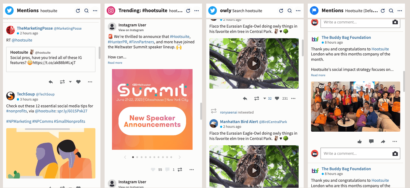 Screenshot eines Hootsuite-Dashboards mit allen Markenerwähnungen von verschiedenen Social-Media-Plattformen