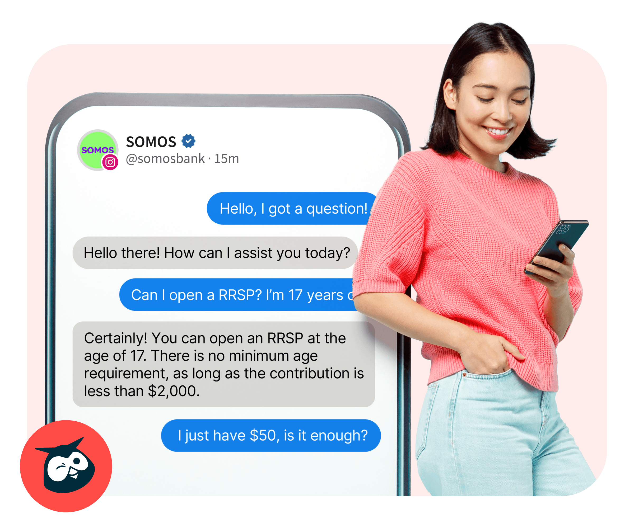 Mulher no smartphone conversando com o chatbot de IA sobre a abertura de uma conta