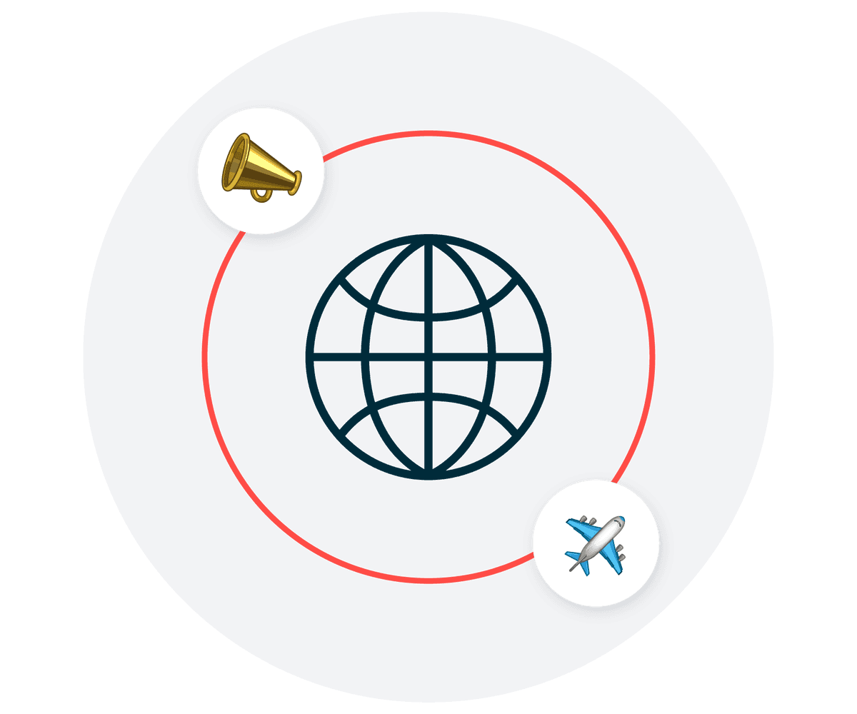 Circular diagram showing globe icon in center with megaphone and airplane icons connected by red curved line on navy background