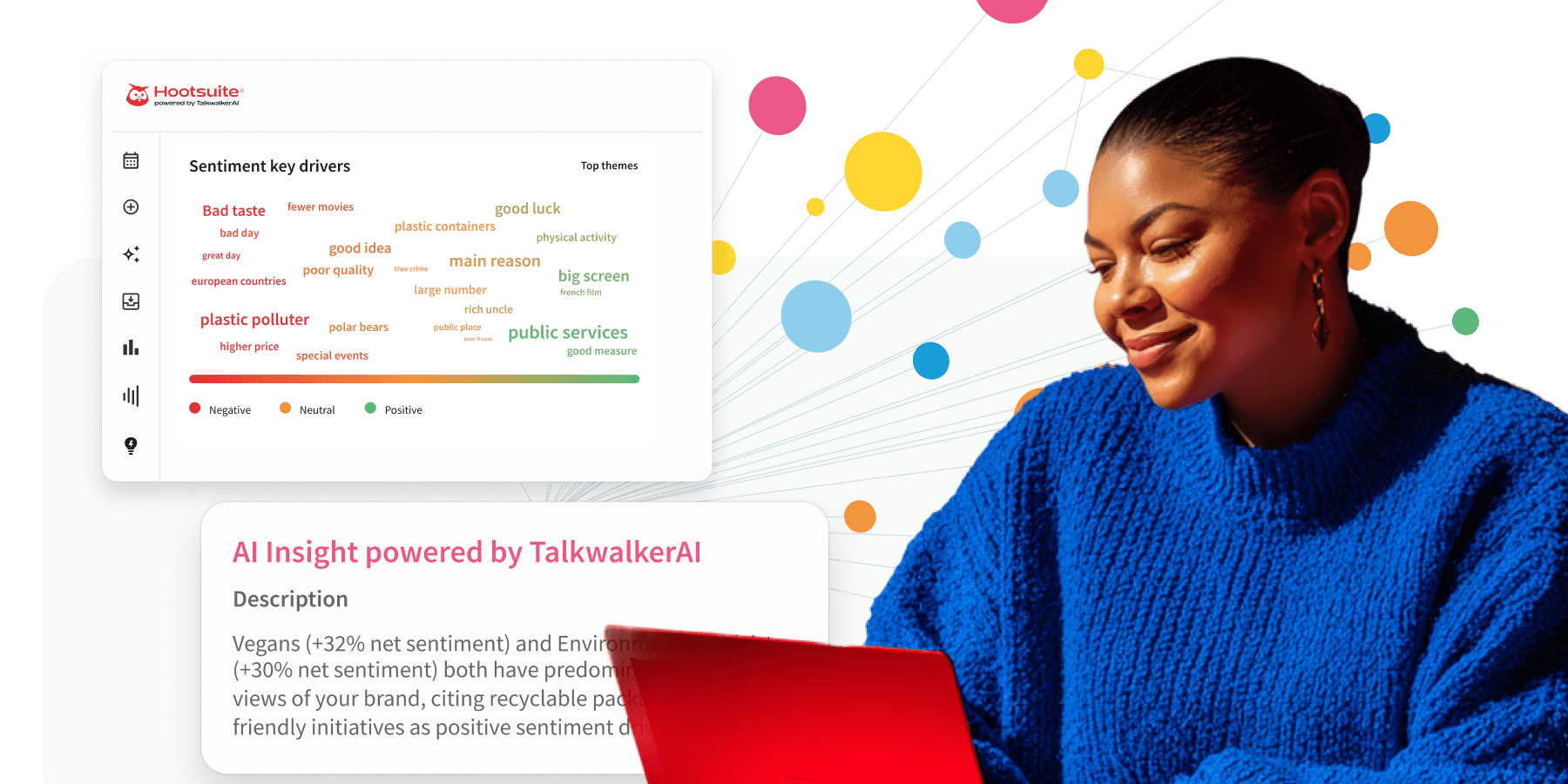 Woman in blue sweater smiling at a red laptop beside Hootsuite sentiment analysis dashboards powered by TalkwalkerAI.