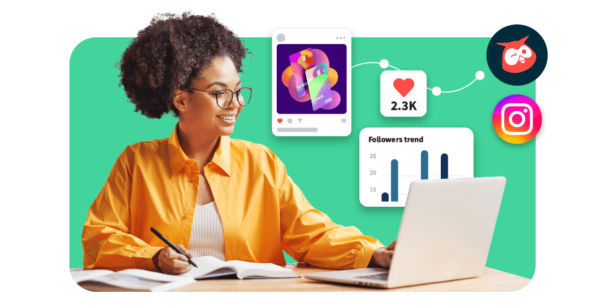 Frau am Laptop mit Hootsuite-Logo, Instagram-Logo und Hootsuite-Funktionen