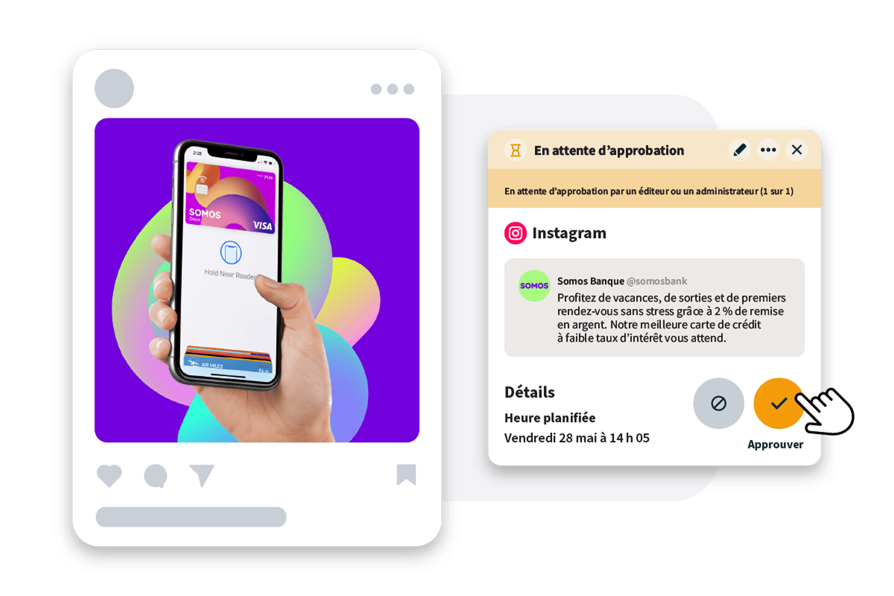 Main tenant un smartphone affichant l’interface de la carte de crédit Somos Bank sur un fond violet avec des bulles en dégradé coloré.