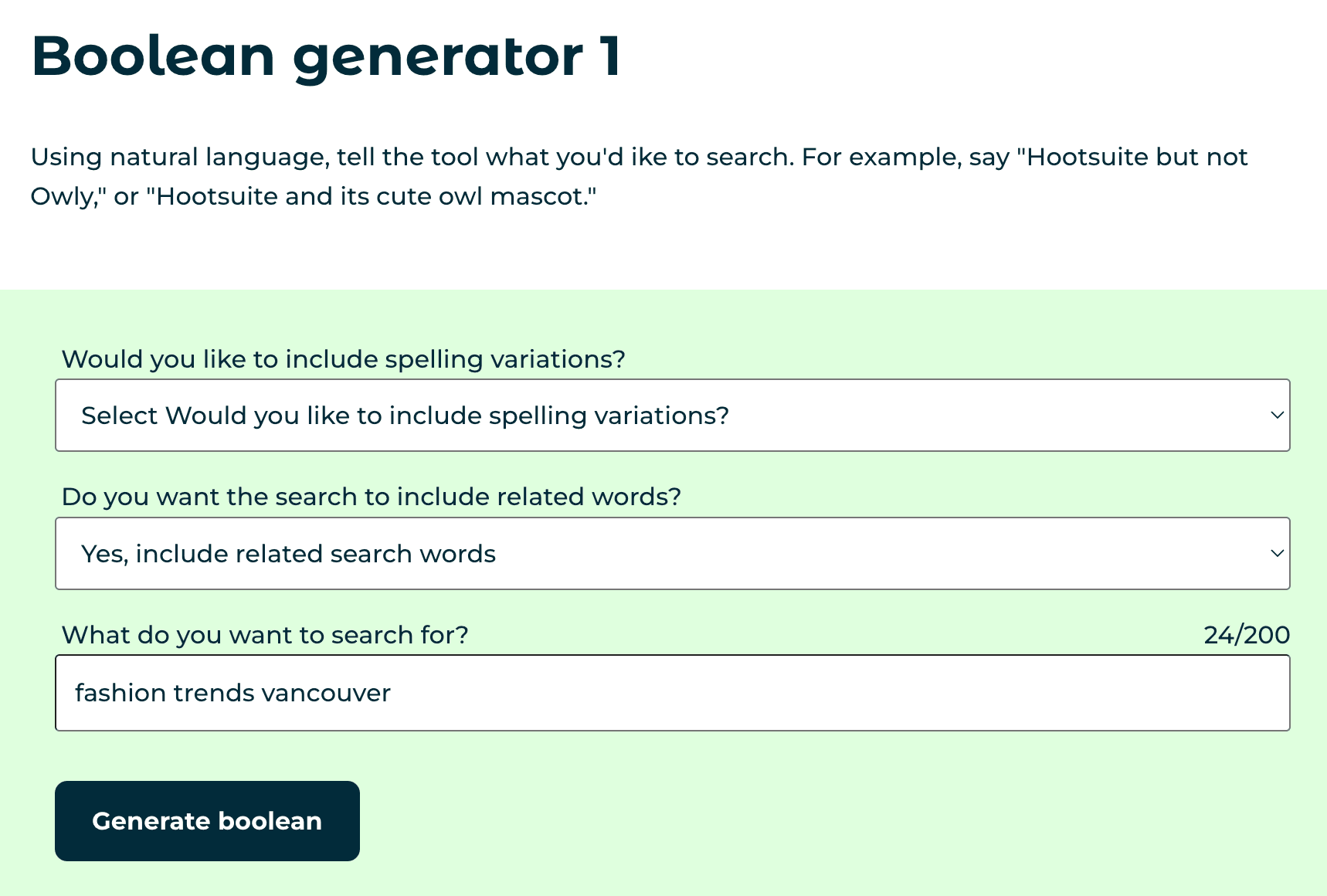 capture d'écran de l'outil de génération de booléens de hootsuite