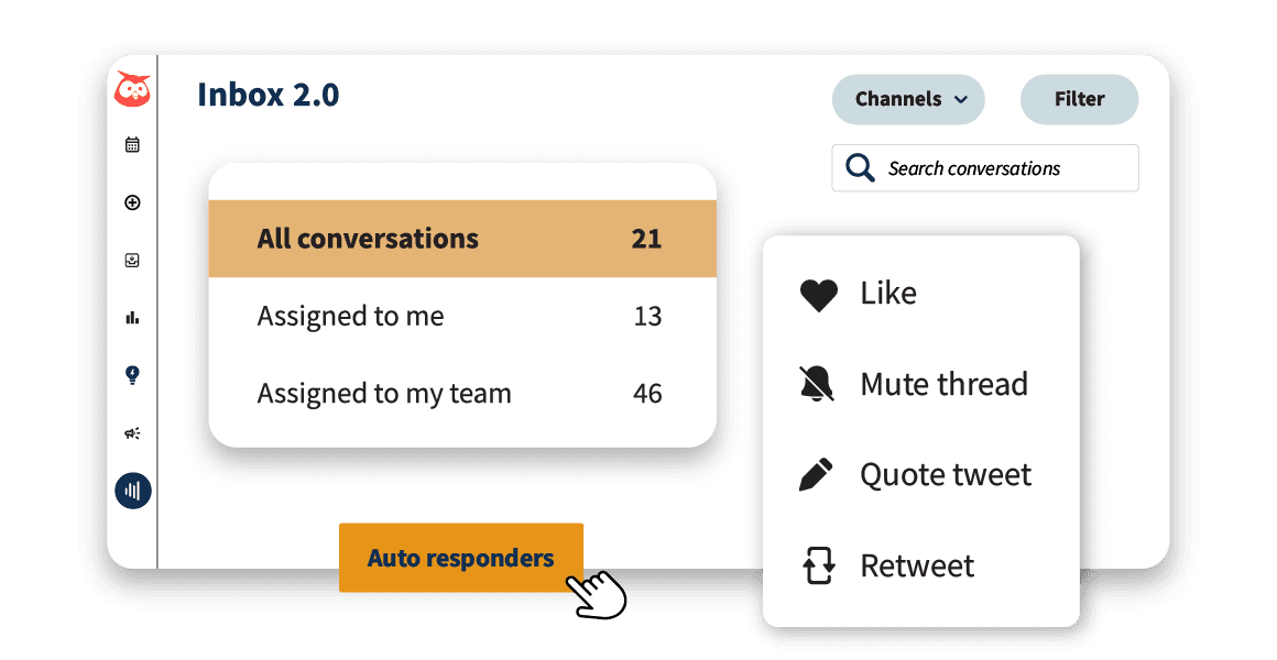 Screenshot of Inbox 2.0 interface showing conversation filters, channel options, and social media actions like Like, Mute, and Retweet