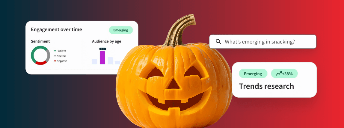 Hero image featuring a navy and red gradient and a jack o lantern.