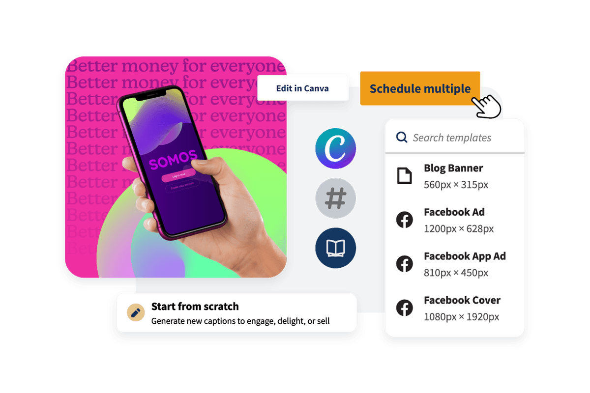 Elenco di alcuni modelli Canva integrati, come "Blog Banner" e "Facebook Ad".