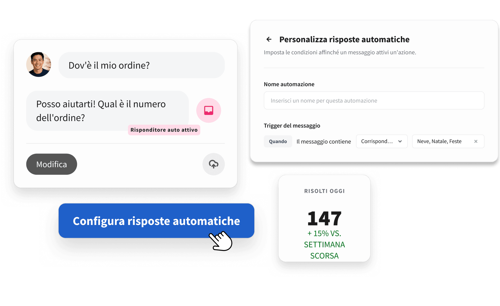 UI screenshot showing an automated chat response to "Where's my order?" and a panel to customize auto-response triggers.