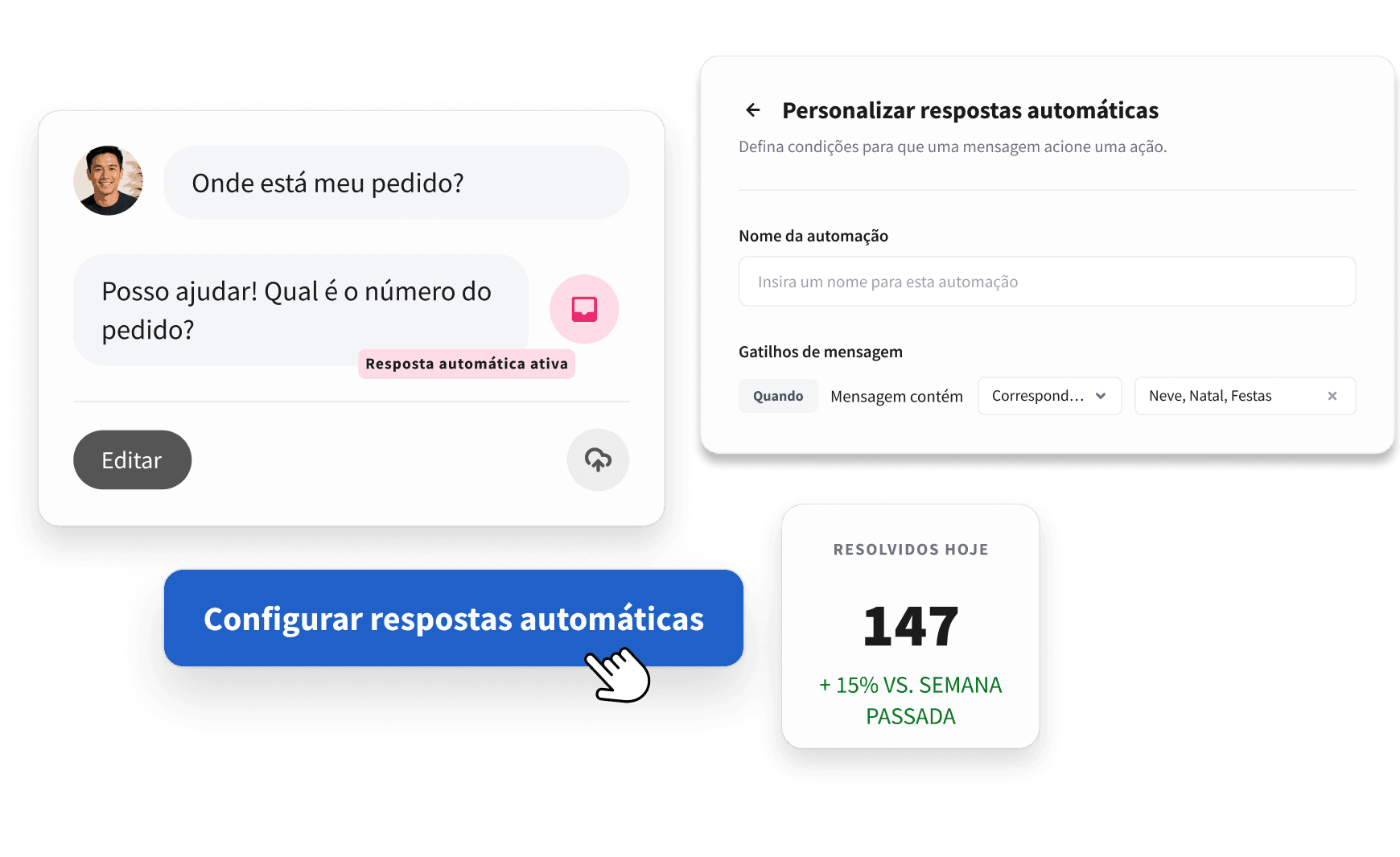 UI screenshot showing an automated chat response to "Where's my order?" and a panel to customize auto-response triggers.