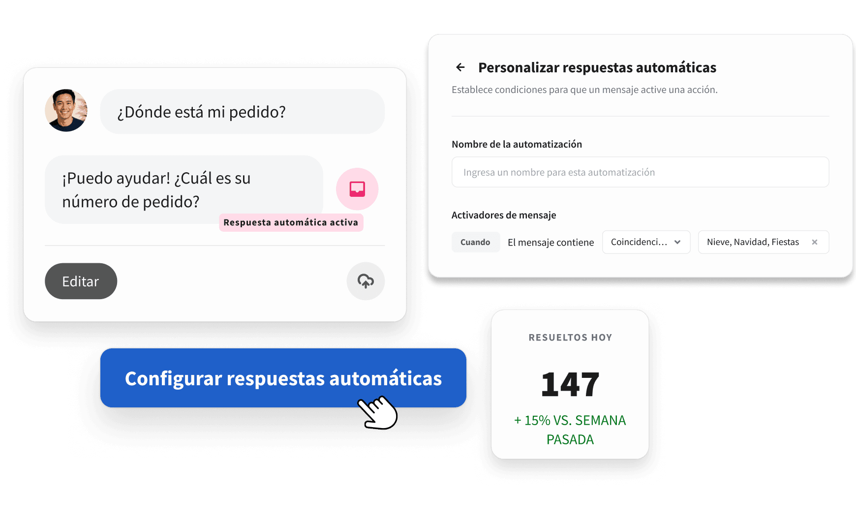 UI screenshot showing an automated chat response to "Where's my order?" and a panel to customize auto-response triggers.