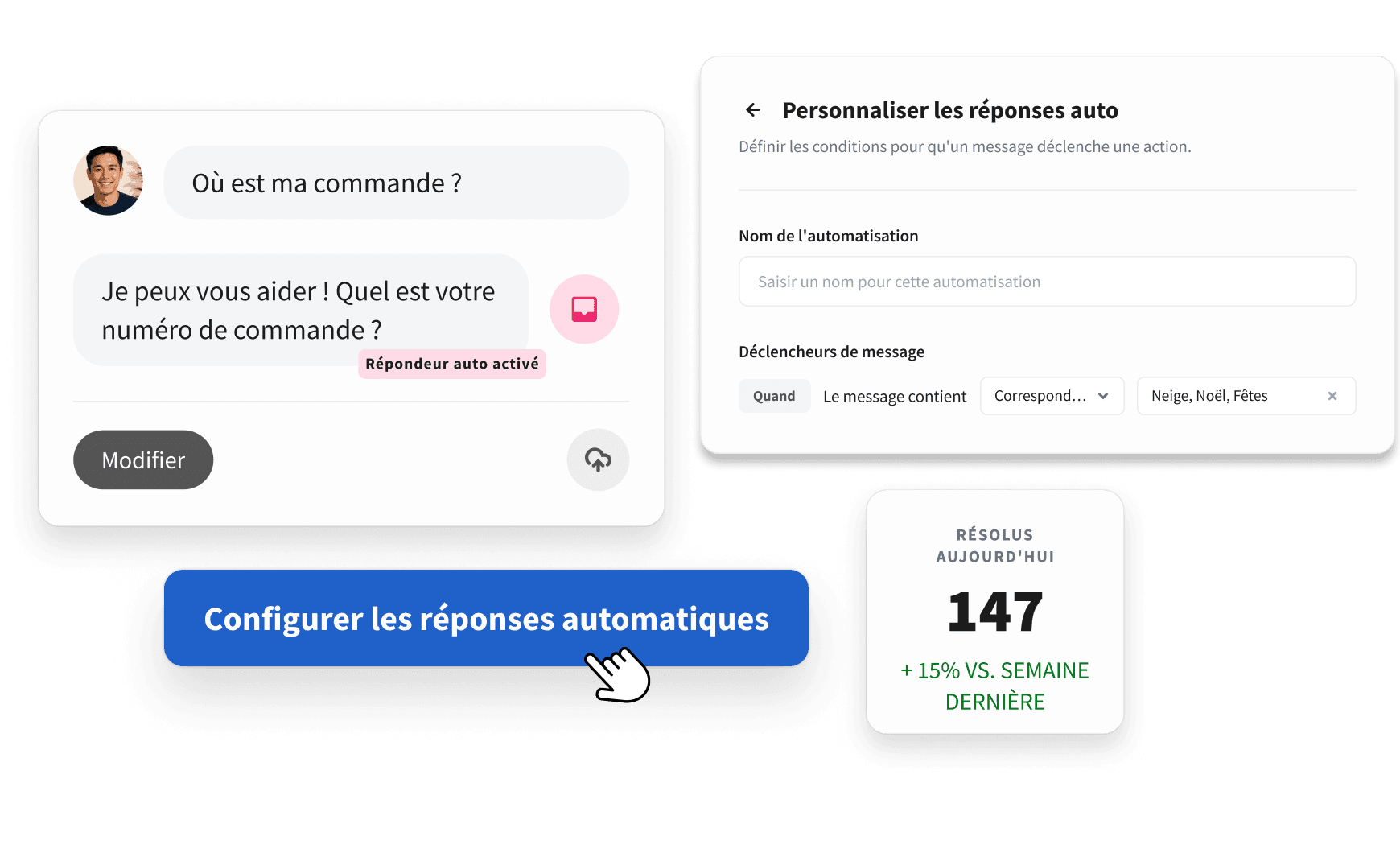 UI screenshot showing an automated chat response to "Where's my order?" and a panel to customize auto-response triggers.