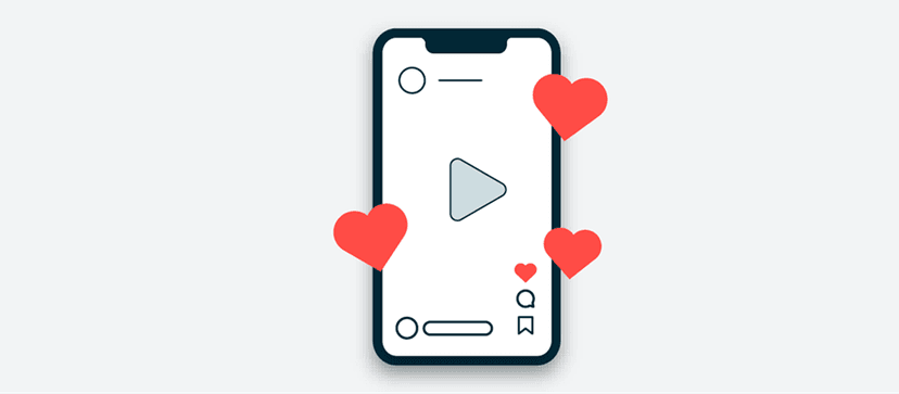 Illustration of a smartphone displaying a social media video post surrounded by red heart icons symbolizing likes and engagement.