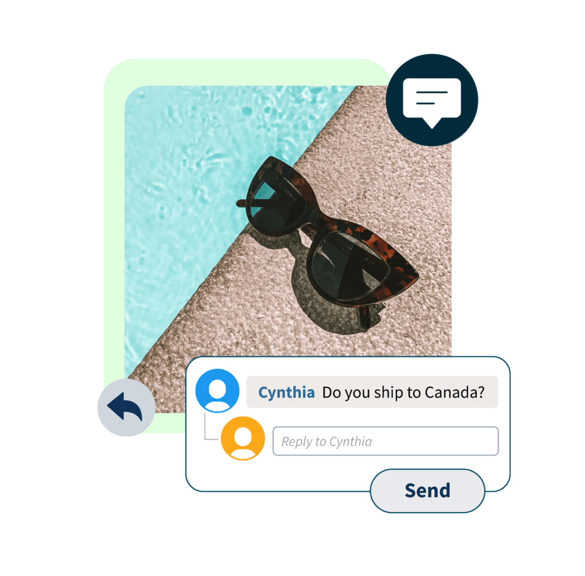 photo de lunettes de soleil au bord de la piscine avec une fenêtre pop-up d'un commentaire disant « expédiez-vous au canada ? »