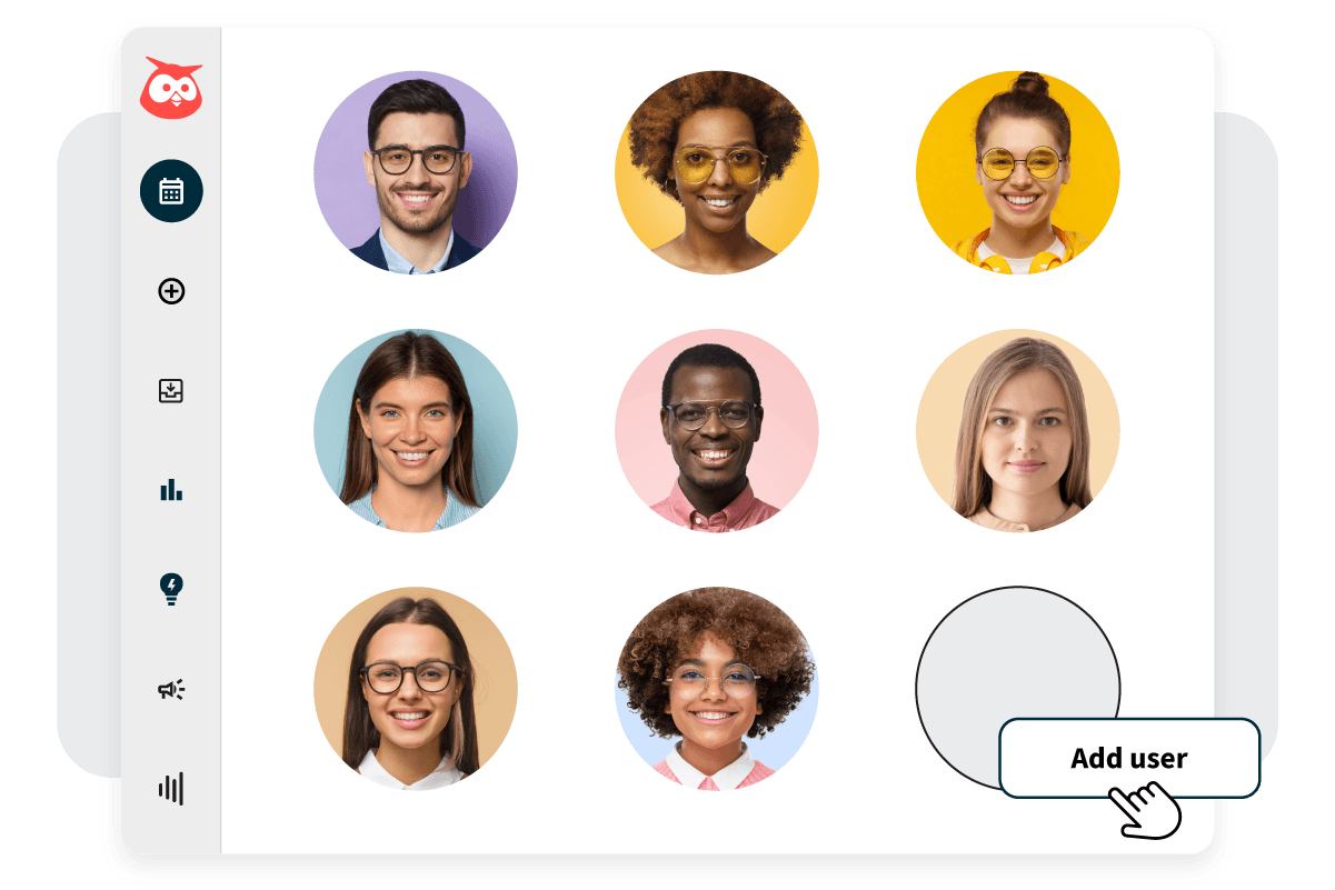 Circular profile photos of diverse team members arranged around icons and an "Add user" button on a light background