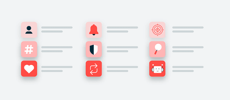 Grid of nine coral-colored social media icons with gray text lines, including hashtag, user, notification bell, and sharing symbols