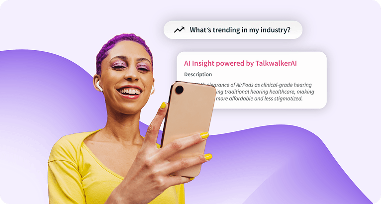Woman with purple hair smiling at phone, with Talkwalker AI insight pop-up showing industry trend analysis on screen.