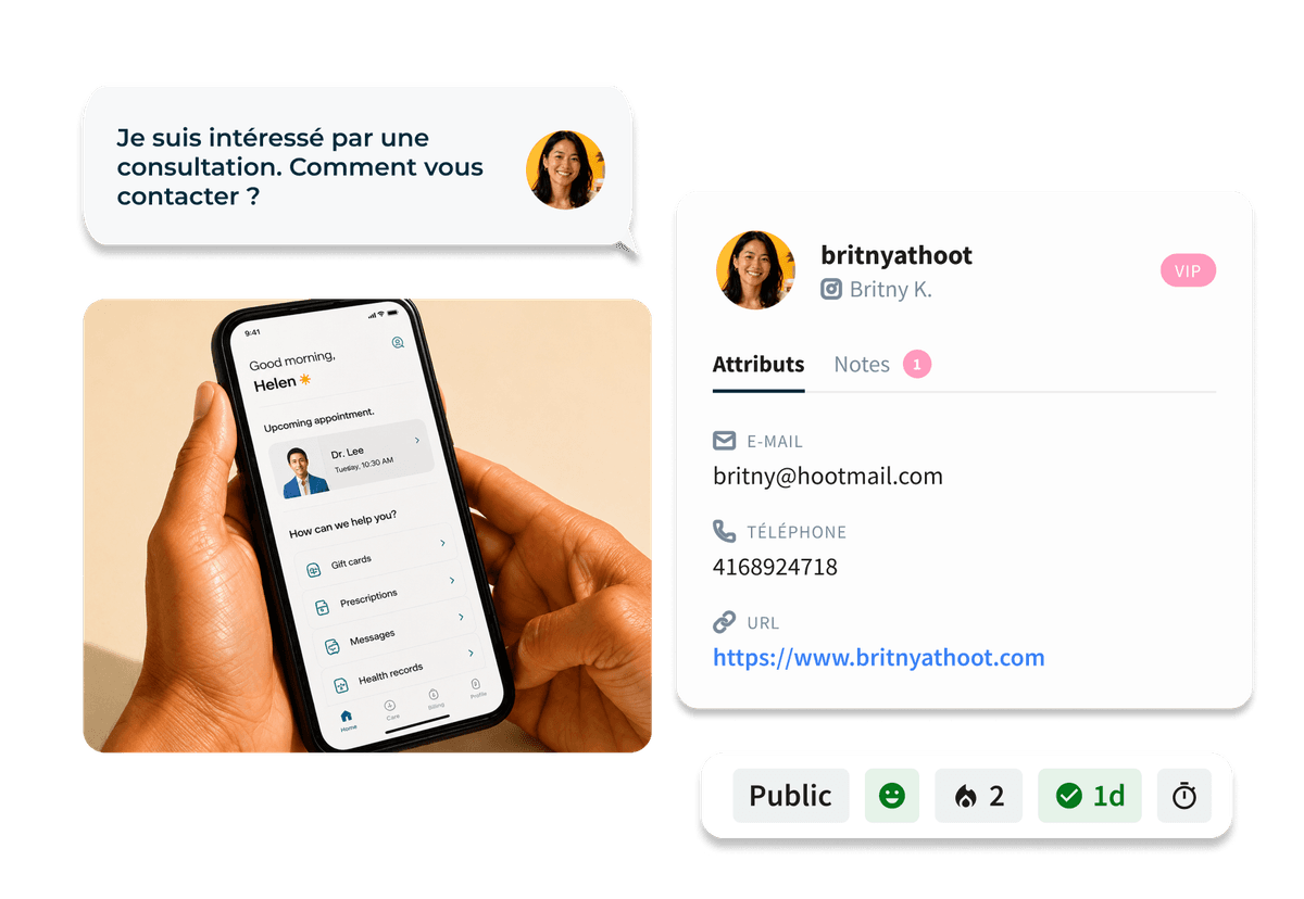 Fonctionnalités de Hootsuite Inbox affichant les attributs de contact et les notes