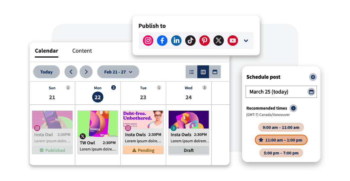 Social media content calendar interface showing weekly view with scheduled posts, recommended posting times, and platform icons